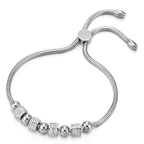 COOLSTEELANDBEYOND Stainless Steel Charm Bracelet for Women with Steel Bead String and Cubic Zirconia, Adjustable - COOLSTEELANDBEYOND Jewelry