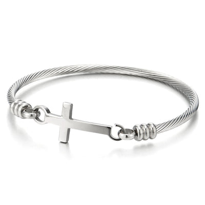 COOLSTEELANDBEYOND Stainless Steel Horizontal Sideway Lateral Cross Twisted Cable Bangle Bracelet for Women and - coolsteelandbeyond