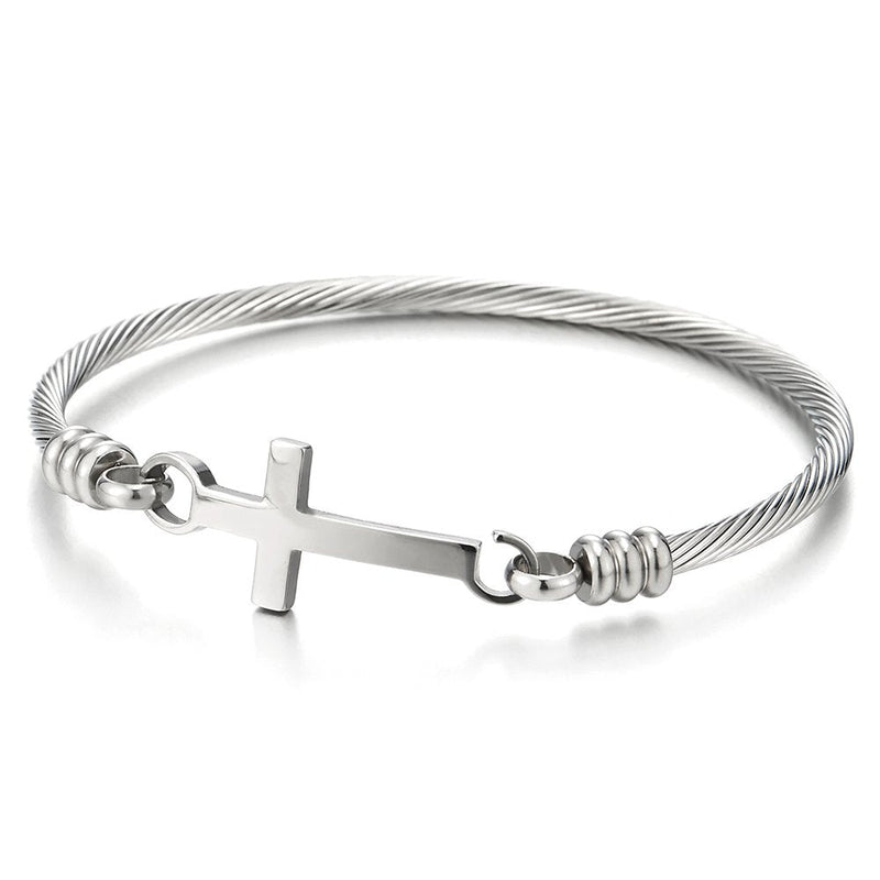 COOLSTEELANDBEYOND Stainless Steel Horizontal Sideway Lateral Cross Twisted Cable Bangle Bracelet for Women and - coolsteelandbeyond