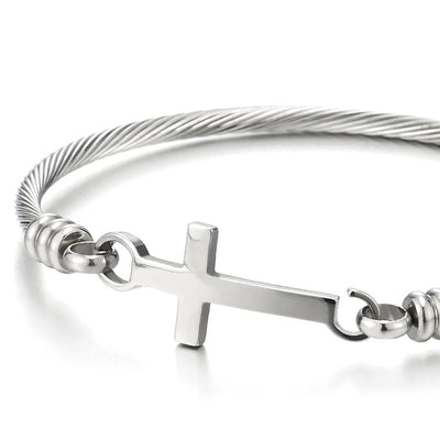 COOLSTEELANDBEYOND Stainless Steel Horizontal Sideway Lateral Cross Twisted Cable Bangle Bracelet for Women and - coolsteelandbeyond