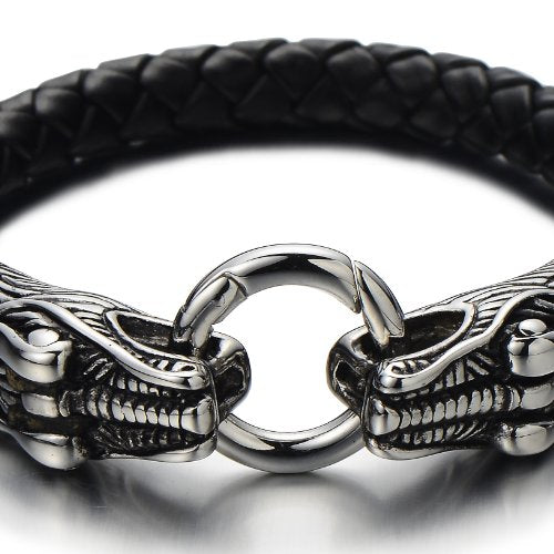 COOLSTEELANDBEYOND Stainless Steel Mens Dragon Bangle Bracelet Genuine Braided Leather Wristband Silver Black Two-Tone - coolsteelandbeyond