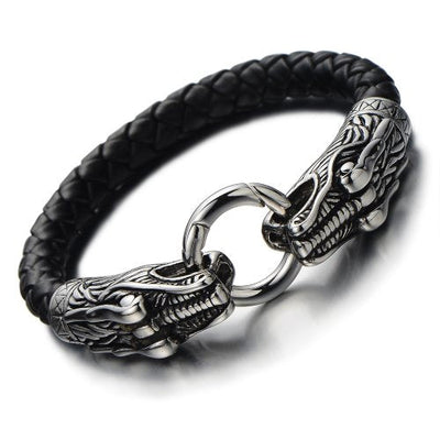 COOLSTEELANDBEYOND Stainless Steel Mens Dragon Bangle Bracelet Genuine Braided Leather Wristband Silver Black Two-Tone - coolsteelandbeyond