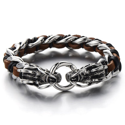 COOLSTEELANDBEYOND Stainless Steel Mens Dragon Curb Chain Bracelet Interwoven with Brown Genuine Leather Strap - coolsteelandbeyond