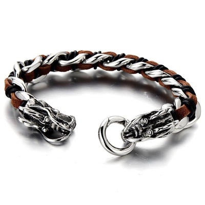 COOLSTEELANDBEYOND Stainless Steel Mens Dragon Curb Chain Bracelet Interwoven with Brown Genuine Leather Strap - coolsteelandbeyond