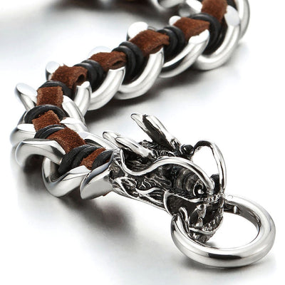 COOLSTEELANDBEYOND Stainless Steel Mens Dragon Curb Chain Bracelet Interwoven with Brown Genuine Leather Strap - coolsteelandbeyond