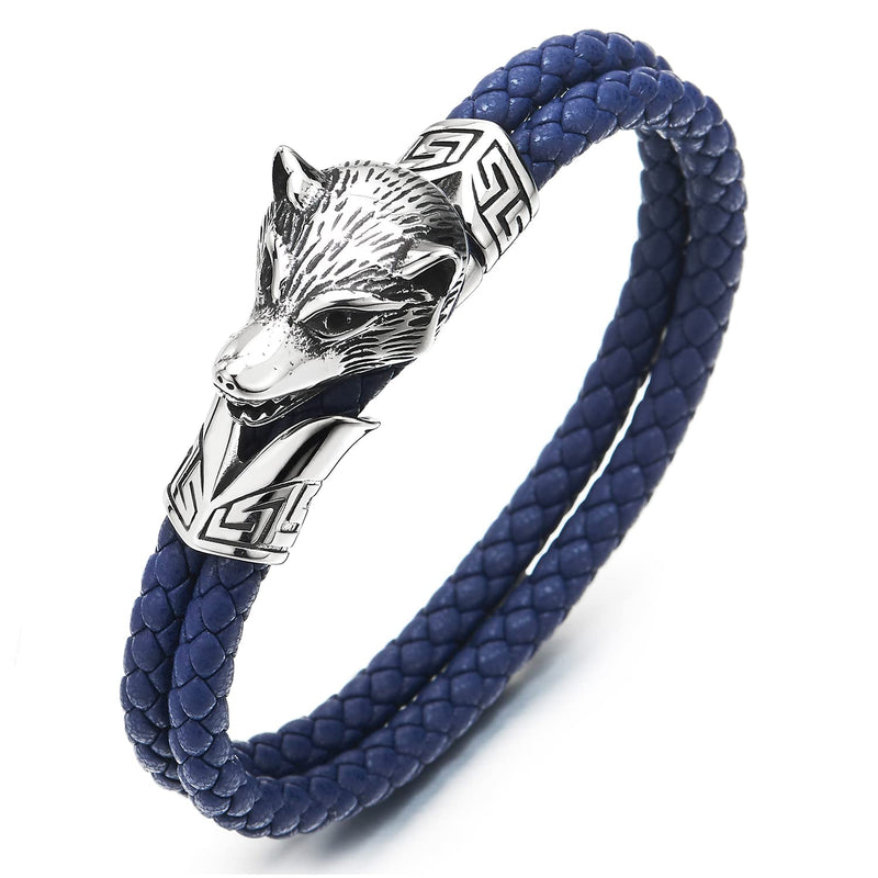 Stainless Steel Mens Wolf Head Bracelet with Dark Blue Genuine Braided Leather - COOLSTEELANDBEYOND Jewelry