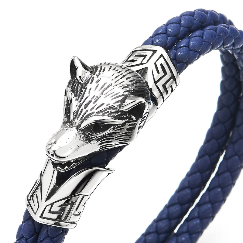 Stainless Steel Mens Wolf Head Bracelet with Dark Blue Genuine Braided Leather - COOLSTEELANDBEYOND Jewelry