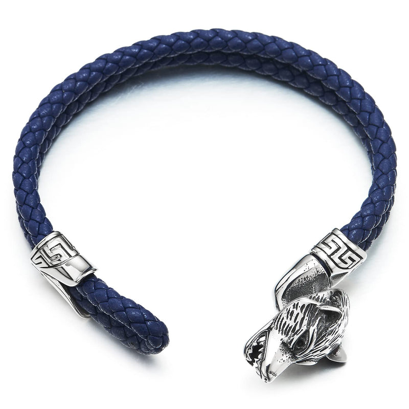 Stainless Steel Mens Wolf Head Bracelet with Dark Blue Genuine Braided Leather - COOLSTEELANDBEYOND Jewelry