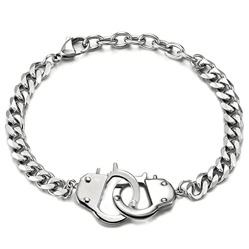 Stainless Steel Mens Womens Handcuff Curb Chain Bangle Bracelet, Silver Color Polished - COOLSTEELANDBEYOND Jewelry