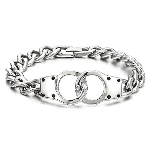 COOLSTEELANDBEYOND Stainless Steel Mens Womens Handcuff Curb Chain Bangle Bracelet, Silver Color Polished - coolsteelandbeyond