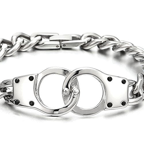 COOLSTEELANDBEYOND Stainless Steel Mens Womens Handcuff Curb Chain Bangle Bracelet, Silver Color Polished - coolsteelandbeyond