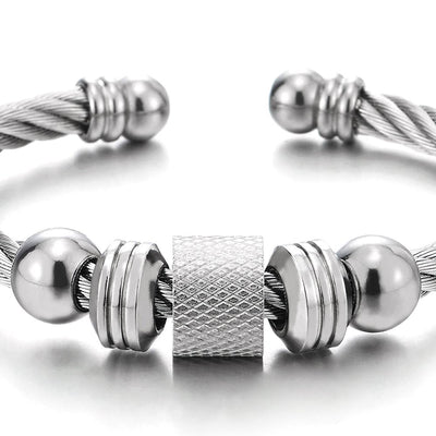 COOLSTEELANDBEYOND Steel Twisted Cable Cuff Bangle Bracelet for Men Women with Beads Charms, Polished, Adjustable - coolsteelandbeyond