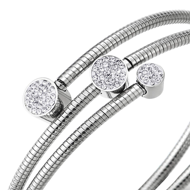 COOLSTEELANDBEYOND Steel Twisted Cable Cuff Bangle Bracelet with Cubic Zirconia Pave Circles Charms Elastic Multi-Lap - coolsteelandbeyond