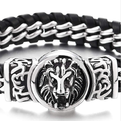 COOLSTEELANDBEYOND Steel Link Chain Bracelet Interwoven with Black Leather Straps, Vintage Lion Head Magnetic Clasp - coolsteelandbeyond