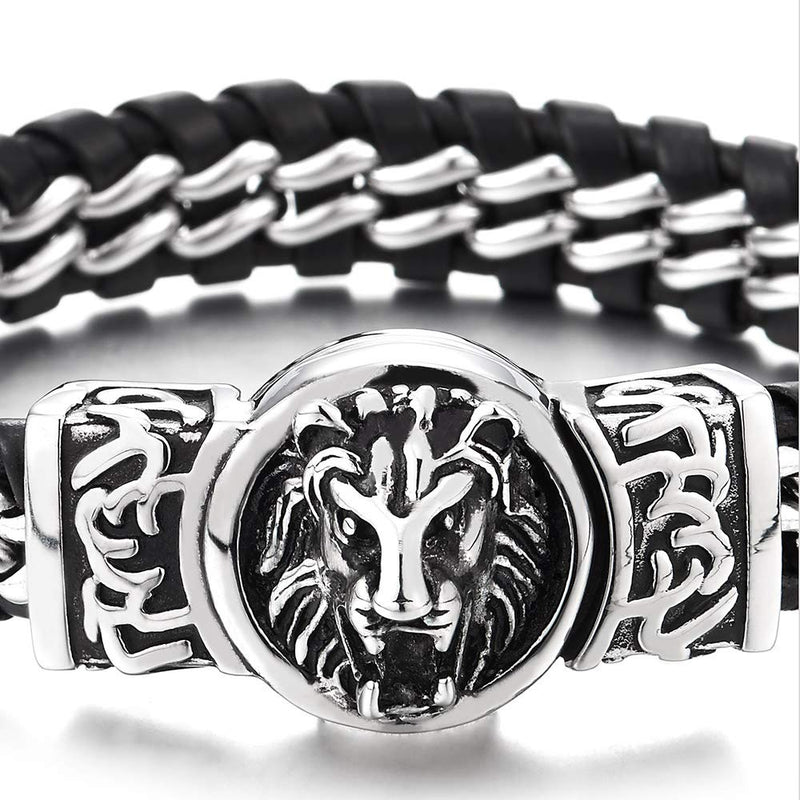 COOLSTEELANDBEYOND Steel Link Chain Bracelet Interwoven with Black Leather Straps, Vintage Lion Head Magnetic Clasp - coolsteelandbeyond