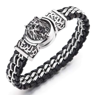 COOLSTEELANDBEYOND Steel Link Chain Bracelet Interwoven with Black Leather Straps, Vintage Lion Head Magnetic Clasp - coolsteelandbeyond