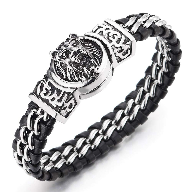 COOLSTEELANDBEYOND Steel Link Chain Bracelet Interwoven with Black Leather Straps, Vintage Lion Head Magnetic Clasp - coolsteelandbeyond