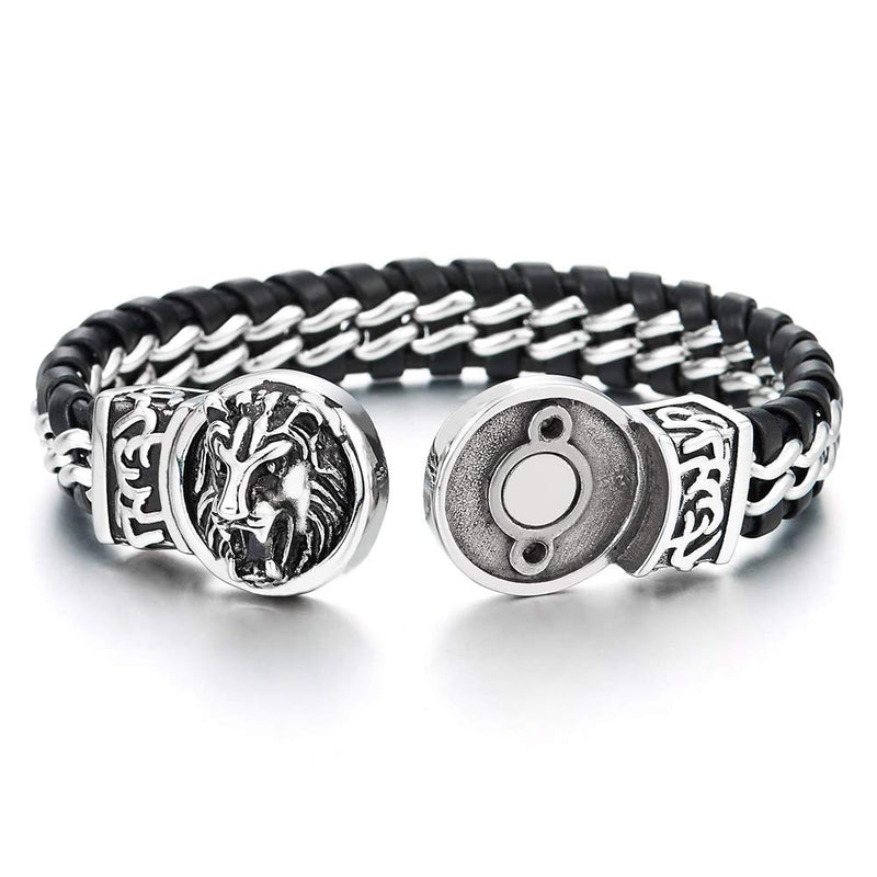 COOLSTEELANDBEYOND Steel Link Chain Bracelet Interwoven with Black Leather Straps, Vintage Lion Head Magnetic Clasp - coolsteelandbeyond