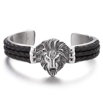 COOLSTEELANDBEYOND Steel Lion Head Cuff Bangle Bracelet Inlaid with Black Braided Leather for Man, Silver Black - coolsteelandbeyond