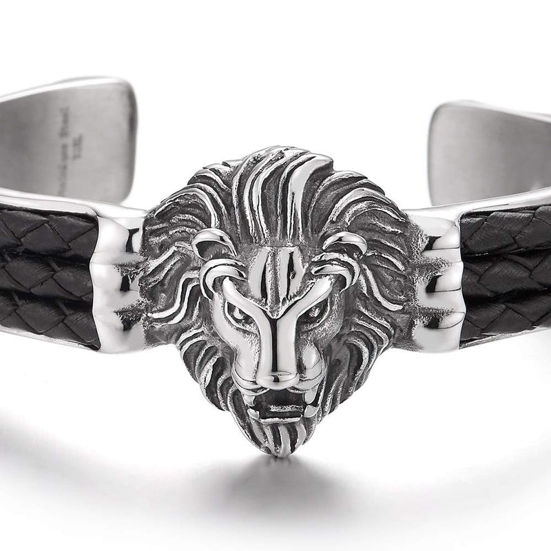 COOLSTEELANDBEYOND Steel Lion Head Cuff Bangle Bracelet Inlaid with Black Braided Leather for Man, Silver Black - coolsteelandbeyond