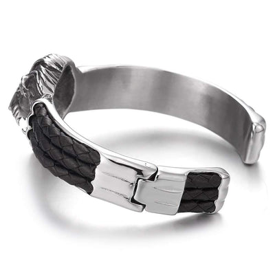 COOLSTEELANDBEYOND Steel Lion Head Cuff Bangle Bracelet Inlaid with Black Braided Leather for Man, Silver Black - coolsteelandbeyond