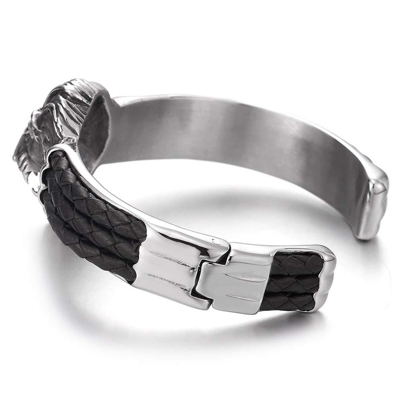 COOLSTEELANDBEYOND Steel Lion Head Cuff Bangle Bracelet Inlaid with Black Braided Leather for Man, Silver Black - coolsteelandbeyond