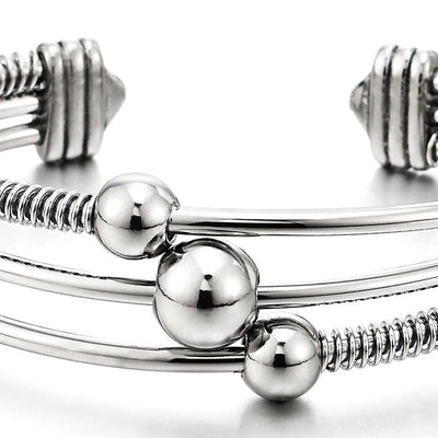 COOLSTEELANDBEYOND Three-Row Women's Stainless Steel Adjustable Open Cuff Bangle Bracelet with Cable and Ball Charms - COOLSTEELANDBEYOND Jewelry