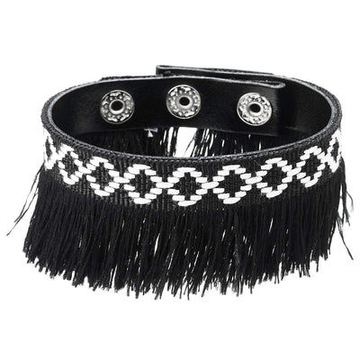 COOLSTEELANDBEYOND Tribal Ethnic Wrap Bracelets Wristbands Black Tassel and Checker Pattern, Black White, Snap Button - COOLSTEELANDBEYOND Jewelry