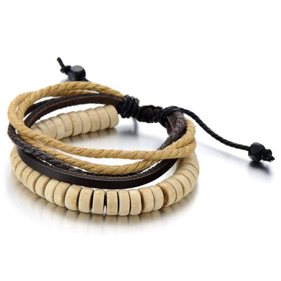 COOLSTEELANDBEYOND Tribal Ivory Mens Womens Leather Rope Bracelet with Wood Beads String Wristband Wrap Bracelet - coolsteelandbeyond