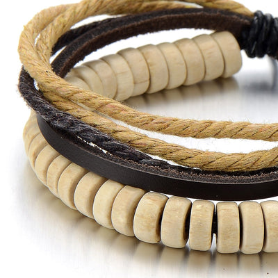 COOLSTEELANDBEYOND Tribal Ivory Mens Womens Leather Rope Bracelet with Wood Beads String Wristband Wrap Bracelet - coolsteelandbeyond