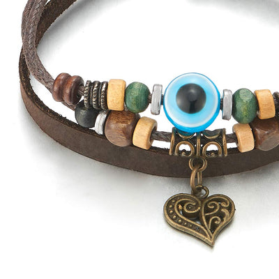 COOLSTEELANDBEYOND Tribal Multi-Strand Leather Cotton Strap Bracelet Wristband with Vintage Heart Evil-Eye Beads Charms - COOLSTEELANDBEYOND Jewelry