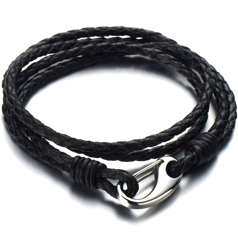 COOLSTEELANDBEYOND Triple-Row Black Braided Leather Bracelet for Men for Wrap Bracelet with Steel Claw Clasp - coolsteelandbeyond