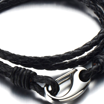 COOLSTEELANDBEYOND Triple-Row Black Braided Leather Bracelet for Men for Wrap Bracelet with Steel Claw Clasp - coolsteelandbeyond