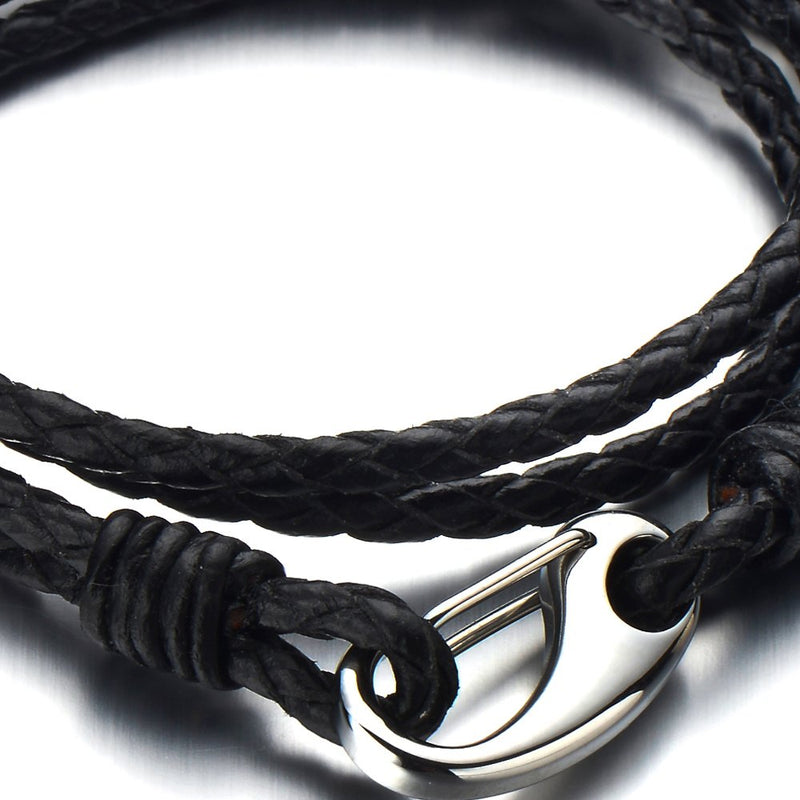 COOLSTEELANDBEYOND Triple-Row Black Braided Leather Bracelet for Men for Wrap Bracelet with Steel Claw Clasp - coolsteelandbeyond