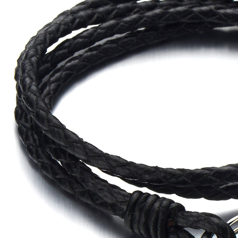 COOLSTEELANDBEYOND Triple-Row Black Braided Leather Bracelet for Men for Wrap Bracelet with Steel Claw Clasp - coolsteelandbeyond