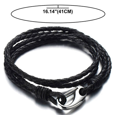 COOLSTEELANDBEYOND Triple-Row Black Braided Leather Bracelet for Men for Wrap Bracelet with Steel Claw Clasp - coolsteelandbeyond