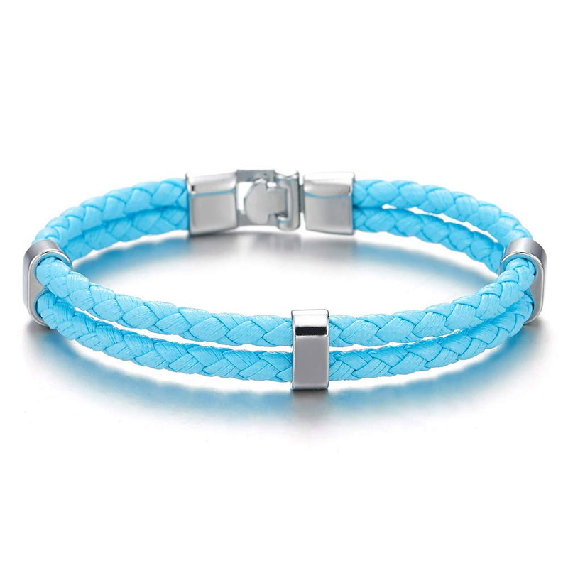 COOLSTEELANDBEYOND Unique Two-Row Sky Blue Braided Leather Bangle Bracelet Men Women - COOLSTEELANDBEYOND Jewelry