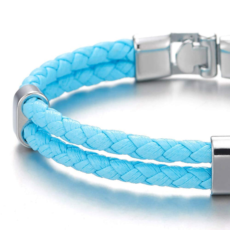 COOLSTEELANDBEYOND Unique Two-Row Sky Blue Braided Leather Bangle Bracelet Men Women - COOLSTEELANDBEYOND Jewelry