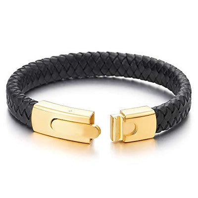 COOLSTEELANDBEYOND Unisex Men Womens Black Braided Leather Bracelet Bangle Wristband with Gold Color Steel Spring Clasp - coolsteelandbeyond