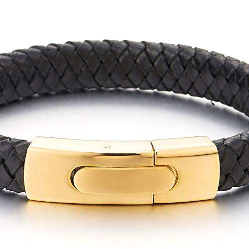 COOLSTEELANDBEYOND Unisex Men Womens Black Braided Leather Bracelet Bangle Wristband with Gold Color Steel Spring Clasp - coolsteelandbeyond