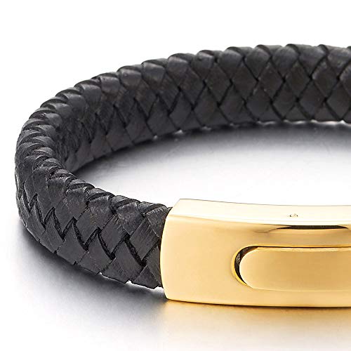 COOLSTEELANDBEYOND Unisex Men Womens Black Braided Leather Bracelet Bangle Wristband with Gold Color Steel Spring Clasp - coolsteelandbeyond