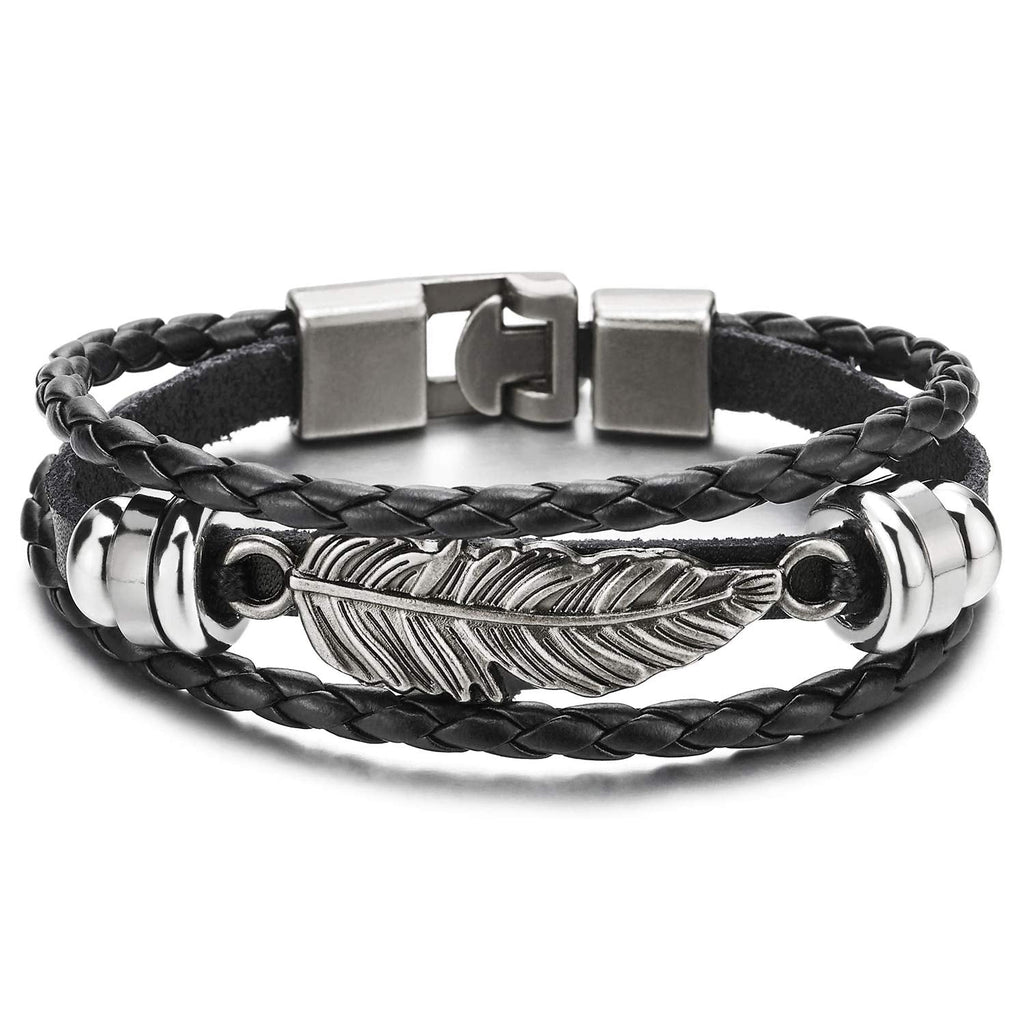 Vintage Feather Leaf Black Braided Leather Bracelet for Men Women Three Row Leather Wristband