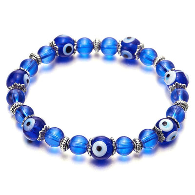 COOLSTEELANDBEYOND Womens Beads Bracelet with 8mm Blue Murano-Style Glass Evil Eye Beads and Charms - COOLSTEELANDBEYOND Jewelry