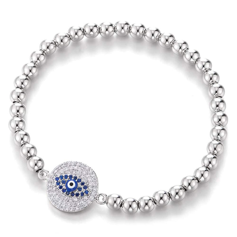 COOLSTEELANDBEYOND Womens Men Beads Link Chain Bracelet with Cubic Zirconia Circle Protection Evil Eye - COOLSTEELANDBEYOND Jewelry