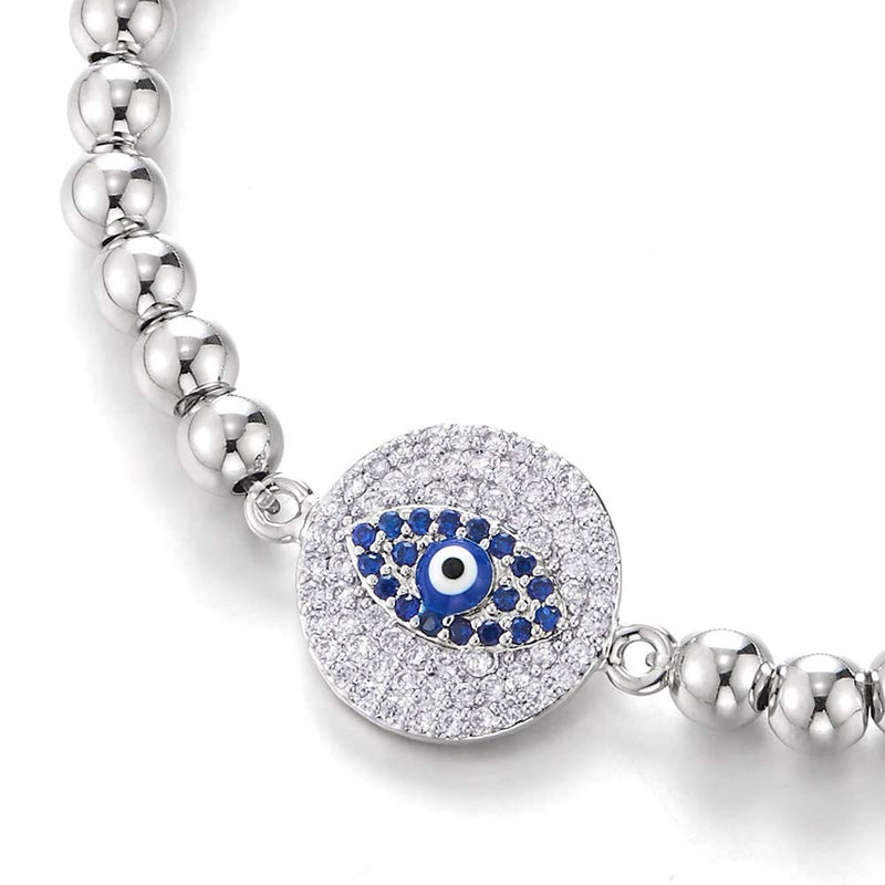 COOLSTEELANDBEYOND Womens Men Beads Link Chain Bracelet with Cubic Zirconia Circle Protection Evil Eye - COOLSTEELANDBEYOND Jewelry
