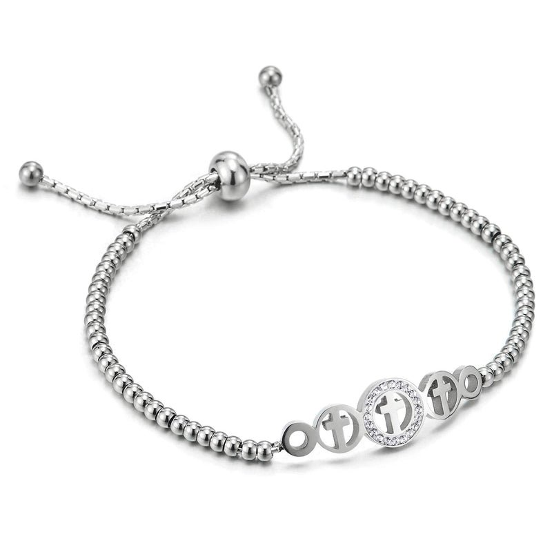 COOLSTEELANDBEYOND Womens Mens Stainless Steel Beads Chain Bracelet, Cross Circle Charm with Cubic Zirconia, Adjustable - COOLSTEELANDBEYOND Jewelry