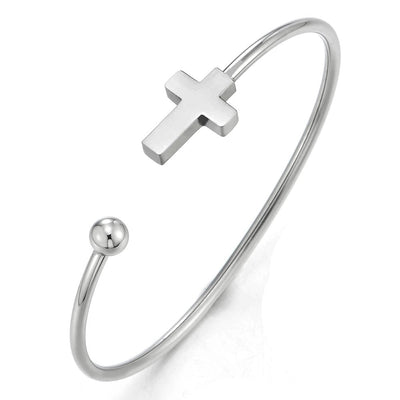 COOLSTEELANDBEYOND Womens Mens Stainless Steel Cuff Bangle Bracelet with Ball and Horizontal Sideway Lateral Cross - COOLSTEELANDBEYOND Jewelry