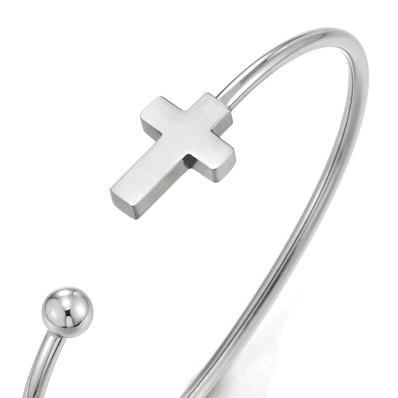 COOLSTEELANDBEYOND Womens Mens Stainless Steel Cuff Bangle Bracelet with Ball and Horizontal Sideway Lateral Cross - COOLSTEELANDBEYOND Jewelry