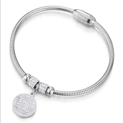 COOLSTEELANDBEYOND Womens Mens Steel Beads and Cubic Zirconia Charms Bangle Bracelet with Magnetic Clasp, Exquisite - COOLSTEELANDBEYOND Jewelry