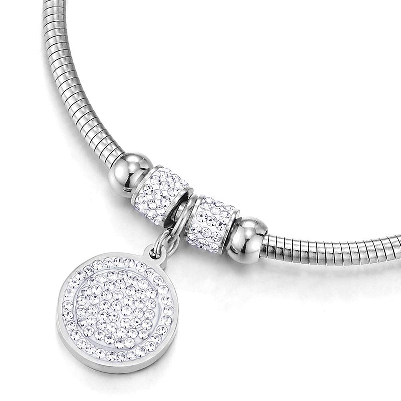 COOLSTEELANDBEYOND Womens Mens Steel Beads and Cubic Zirconia Charms Bangle Bracelet with Magnetic Clasp, Exquisite - COOLSTEELANDBEYOND Jewelry